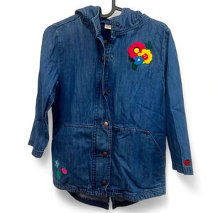 Hanna Andersson denim hooded jacket with embroidery and patches size US 8/130 cm